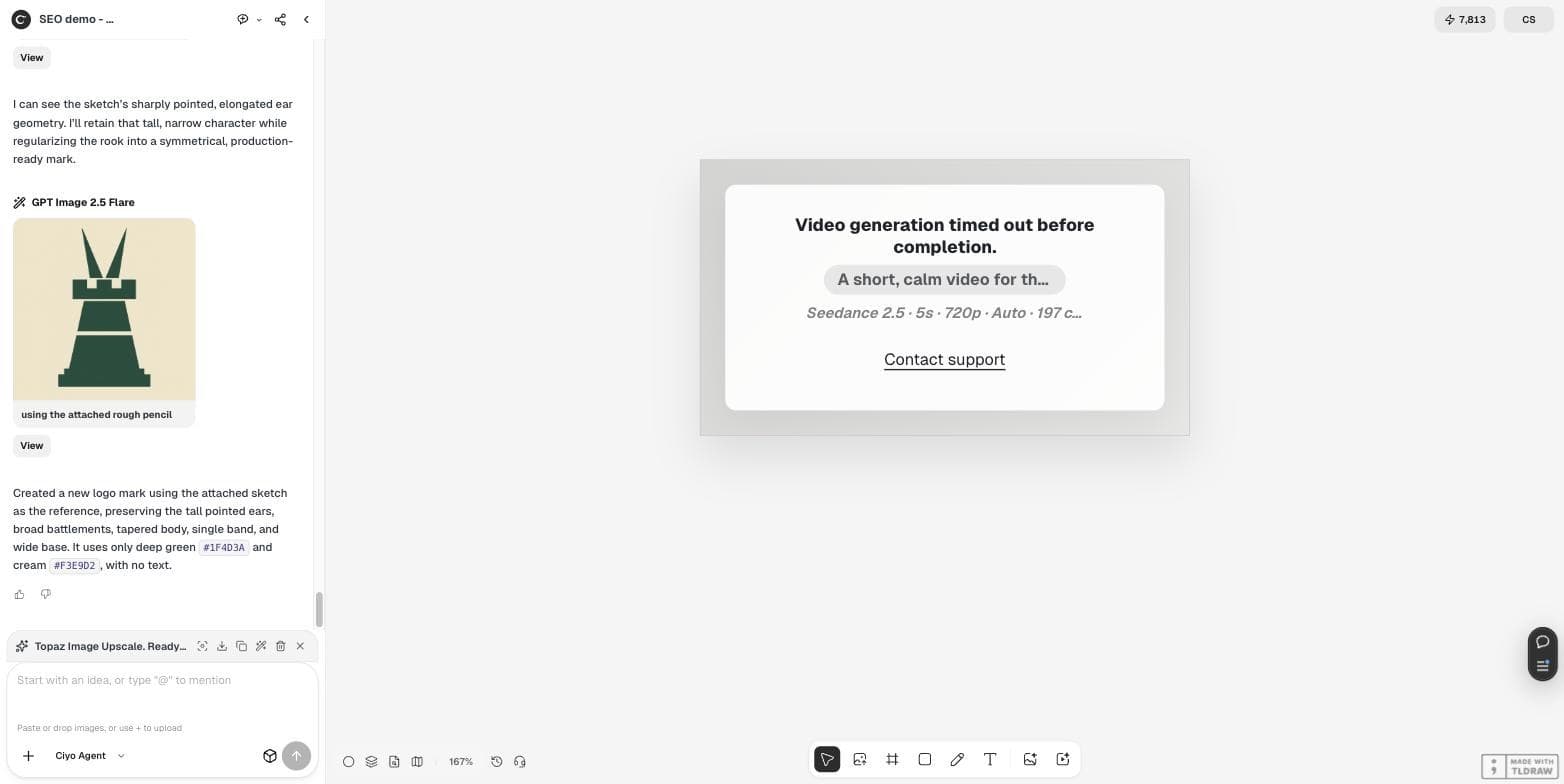 بطاقة على لوحة الرسم في Ciyo نصها “Video generation timed out before completion”، مع Seedance 2.5 و5 ثوانٍ و720p و197 رصيداً