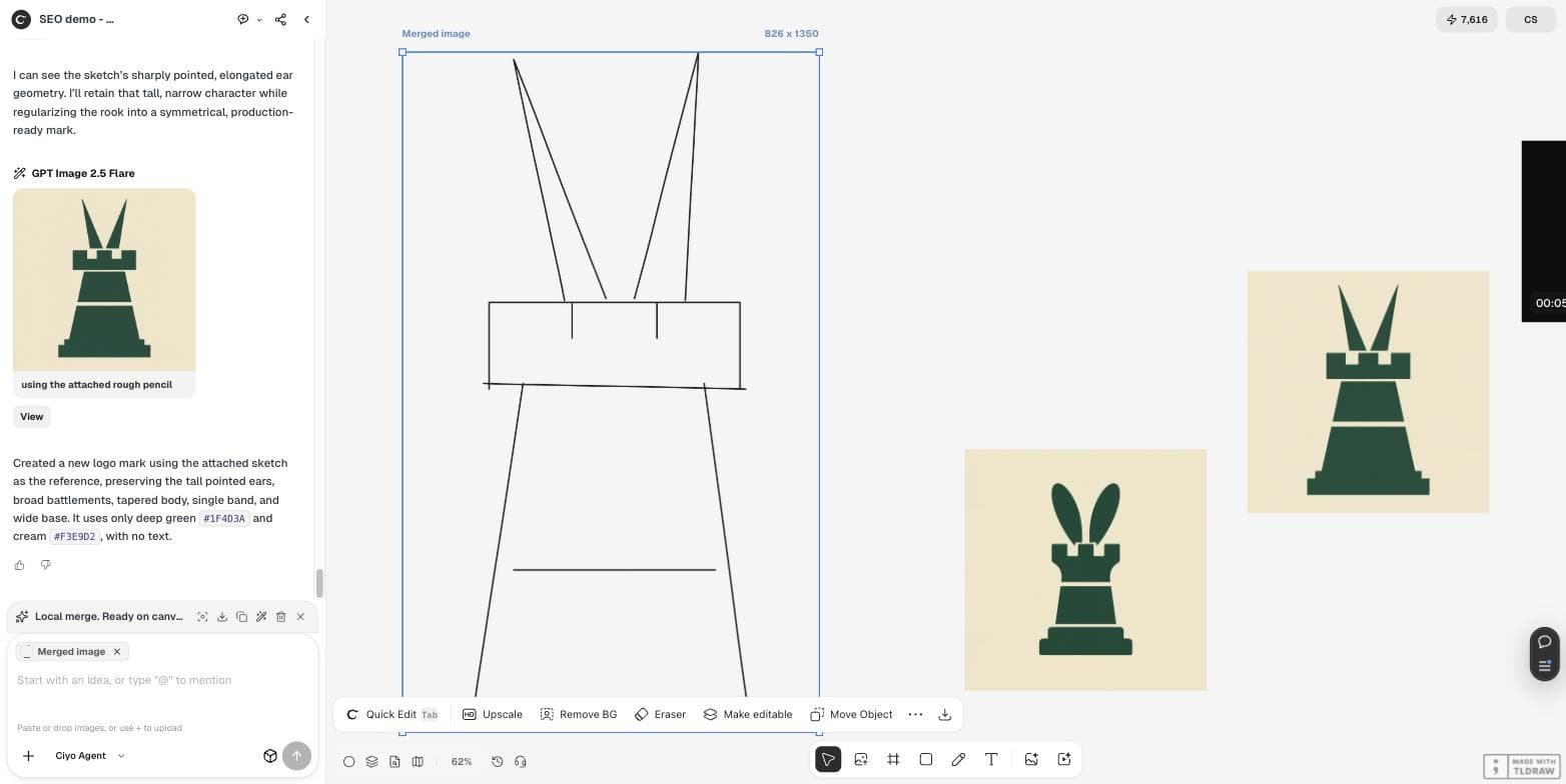 Ciyo 画布上,合并后的草图图片被选中,右侧是两个标志标记;新标记有尖耳朵和收窄的车身,聊天里智能体说它能看到草图