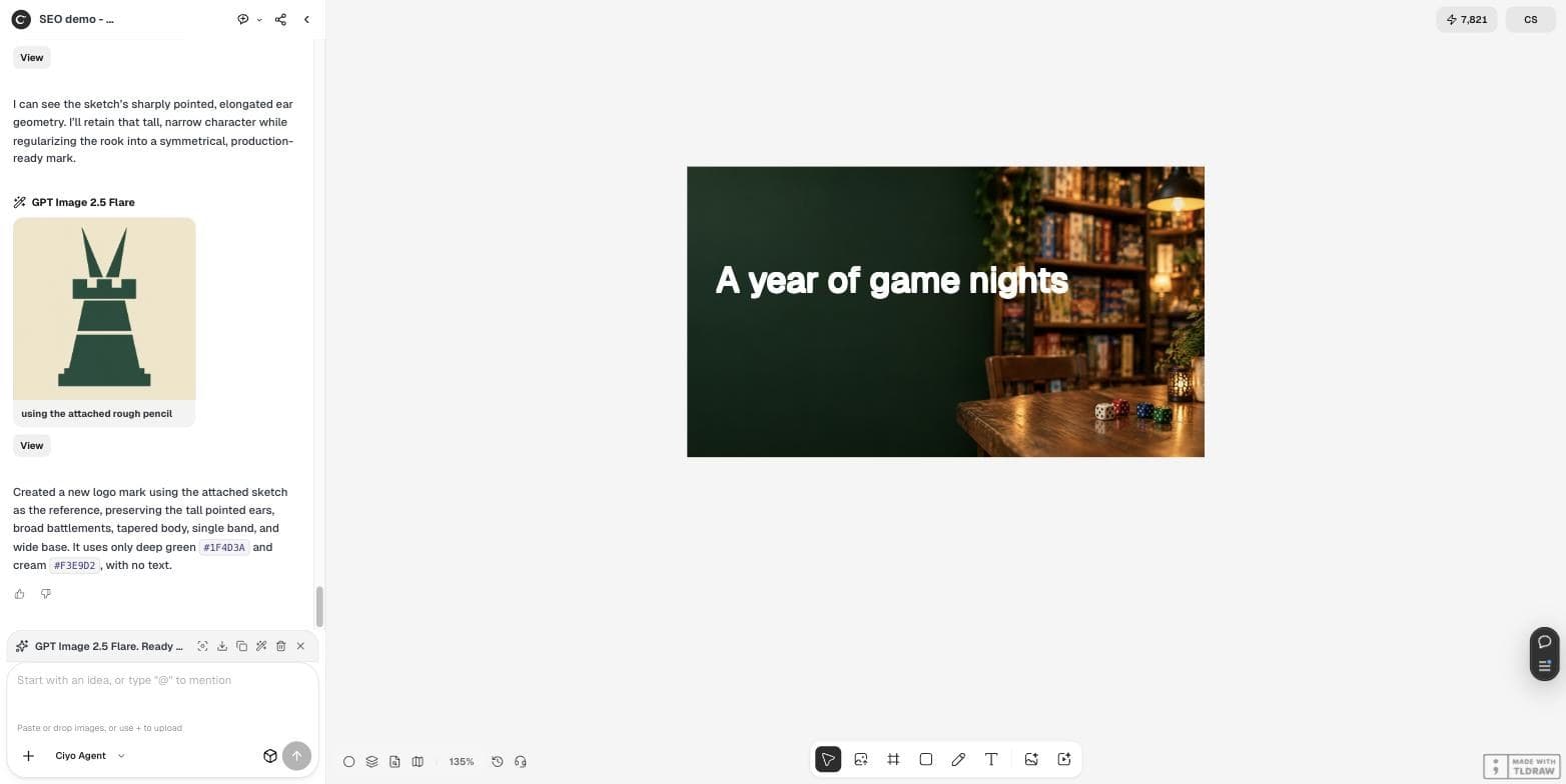Ciyo 畫布上的投影片背景,深綠色牆面上有白色標題「A year of game nights」,最後一個字碰到了書架