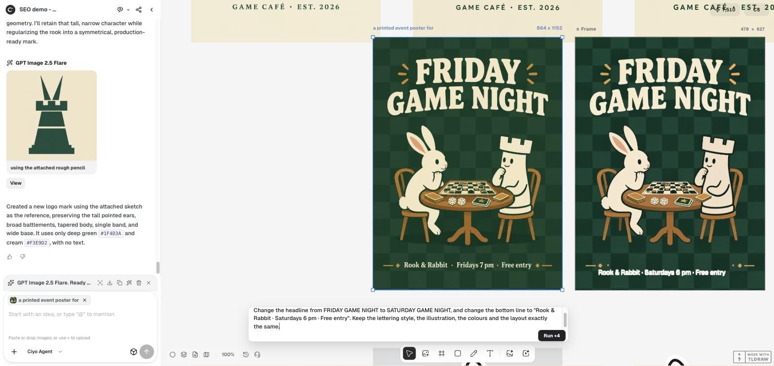 لوحة الرسم في Ciyo وملصق الجمعة محدد، ومربع Quick Edit يطلب تغيير العنوان الرئيسي إلى SATURDAY GAME NIGHT وتغيير السطر السفلي، مع الزر Run +4