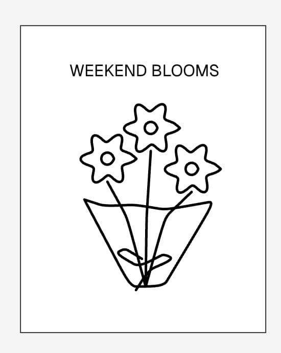 Actual Ciyo canvas crop showing three rough flowers in paper wrapping beneath the Weekend Blooms headline.