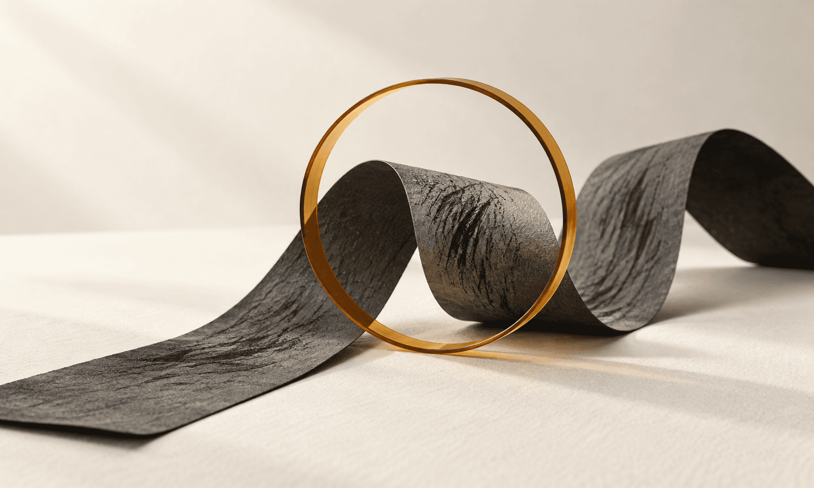 An amber ring frames one bend of a loose charcoal paper strip on a matte ivory plane.