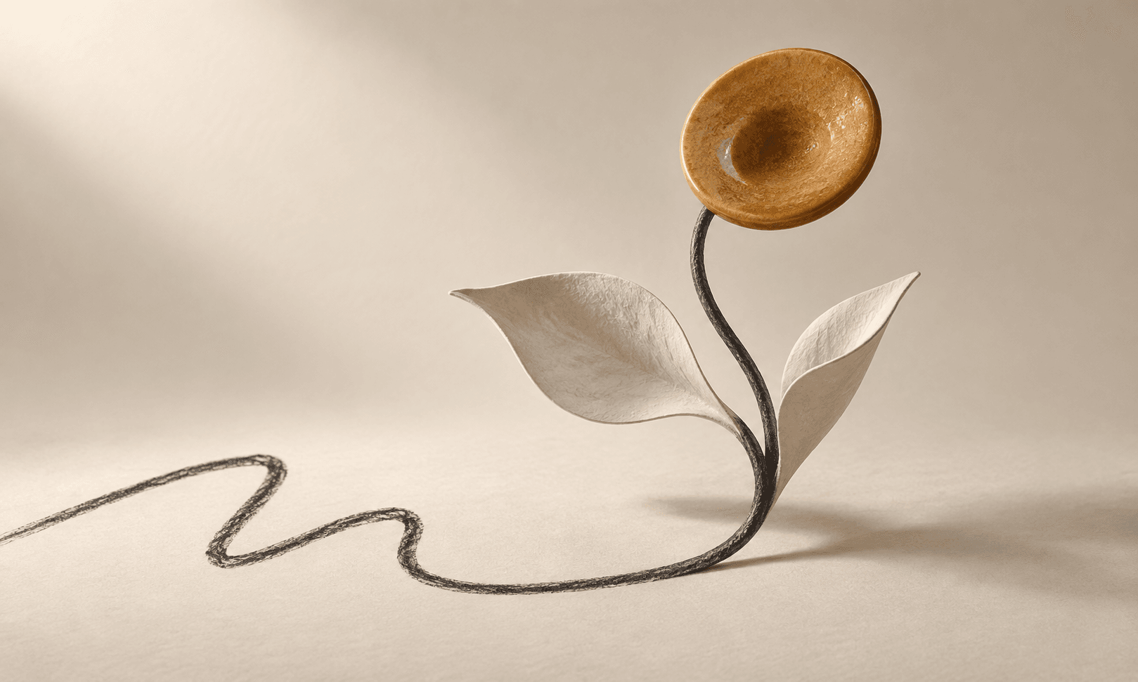A charcoal line rises into an abstract flower with paper leaves and an amber ceramic centre on an ivory surface.