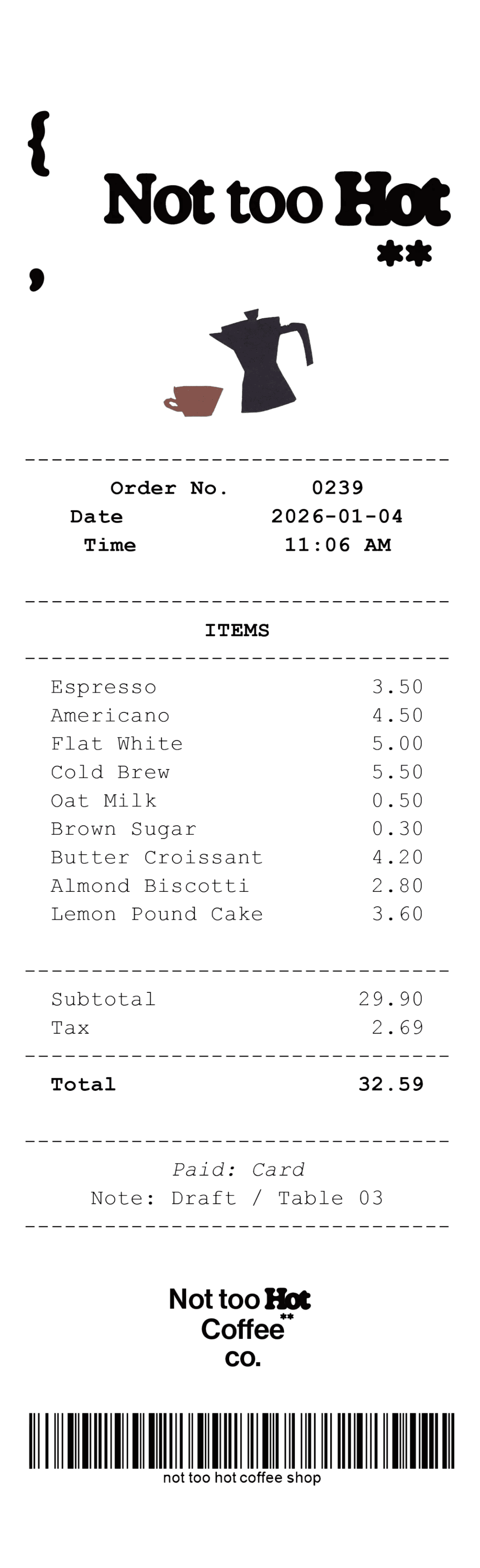 Fictional promotional detail card for a neighborhood cafe