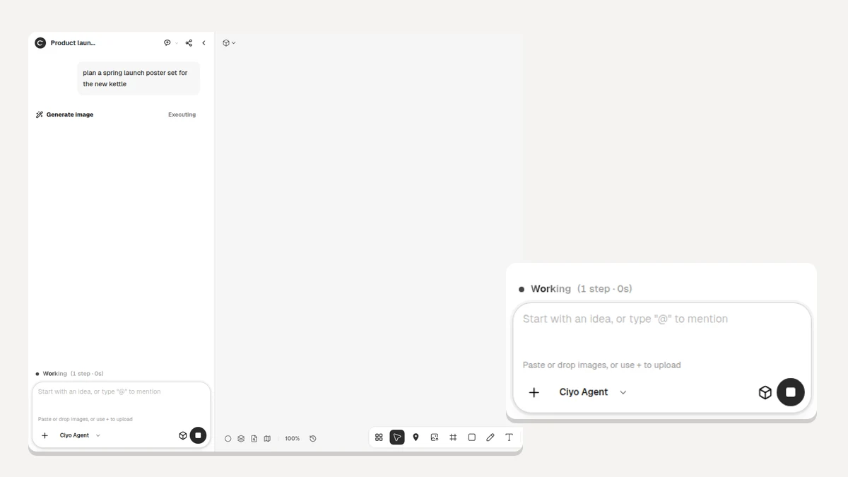 Ciyo canvas with the Agent’s Activity line and the Stop control in the chat panel while a turn is running