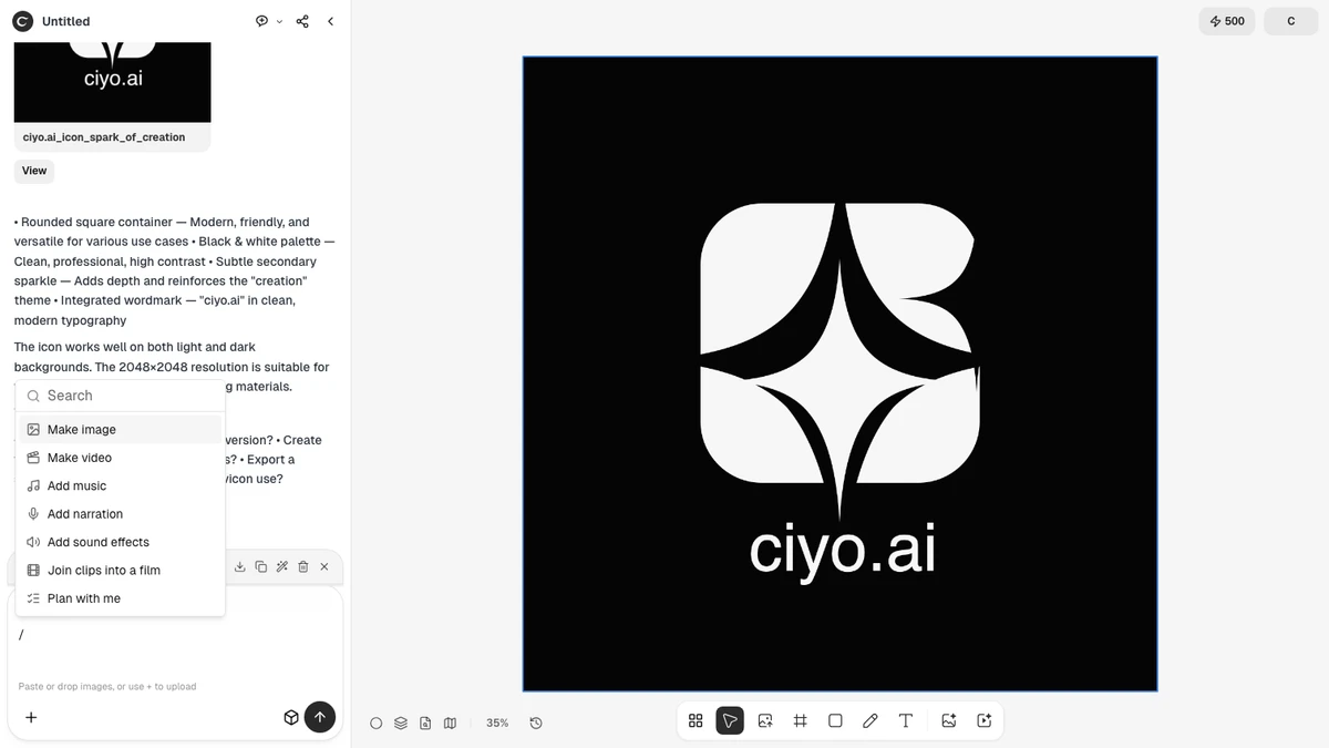 Ciyo Agent chat with the / menu open, showing image, video, audio and film starters