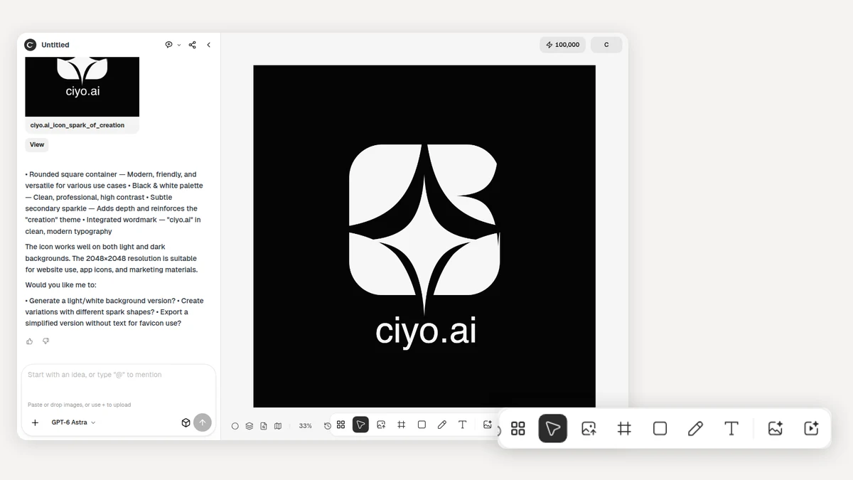 Ciyo canvas with workspace navigation in the left header, the Agent conversation, and the board toolbar
