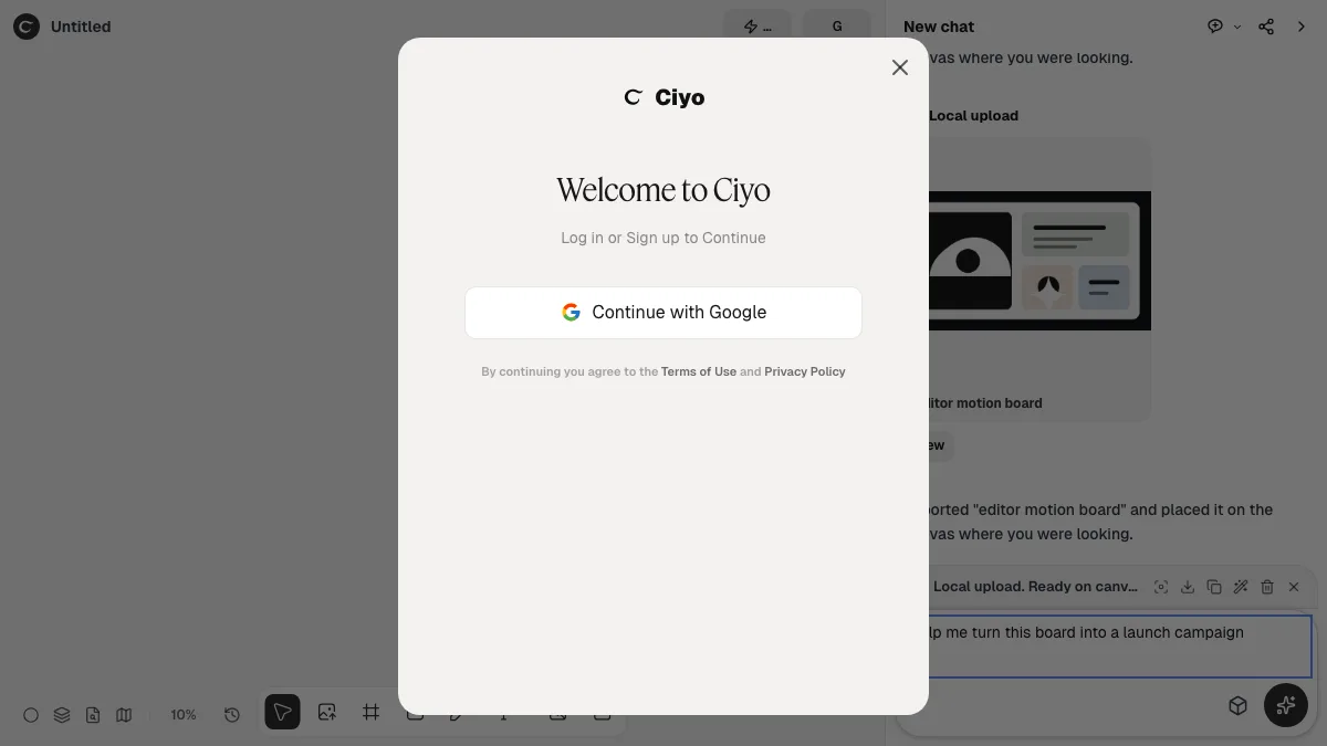 Ciyo guest canvas showing a campaign board, image tools, and the sign-in prompt shown before generation