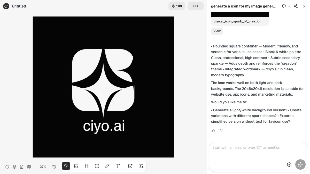 مساحة تصميم Ciyo مع محادثة مساعد التصميم مفتوحة بجوار لوحة حملة