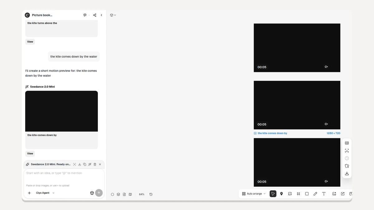 A Ciyo board holding three generated clips, each in its own card, beside the Agent conversation that made them