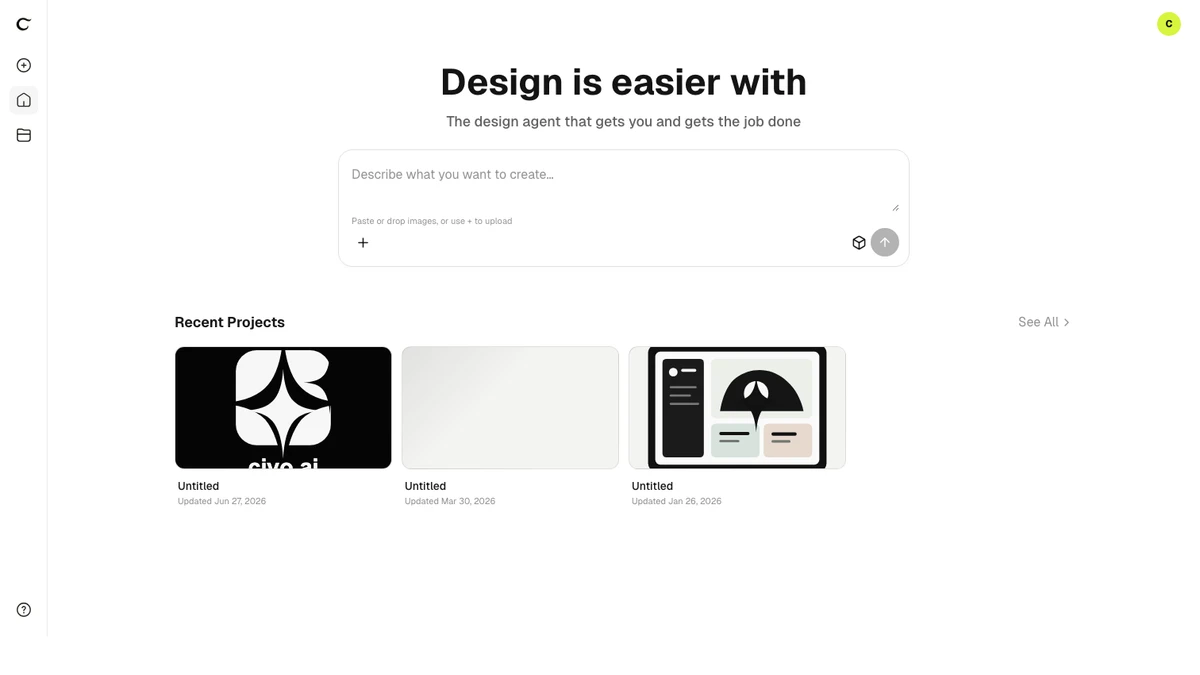 Ciyo Home with its simplified prompt composer above recent projects
