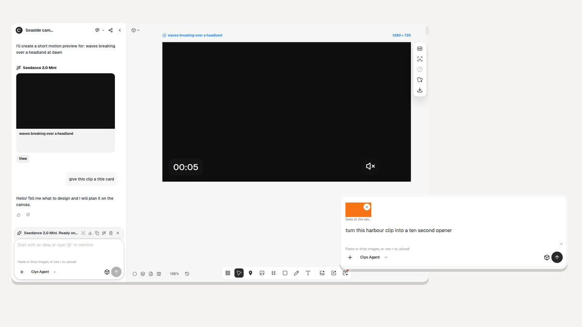 A Ciyo board holding a generated clip, beside the Home composer with a video attached to the next message