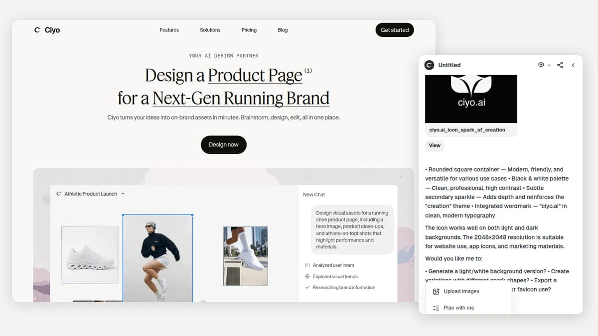 Ciyo landing page with its new introduction line, beside the canvas Agent conversation