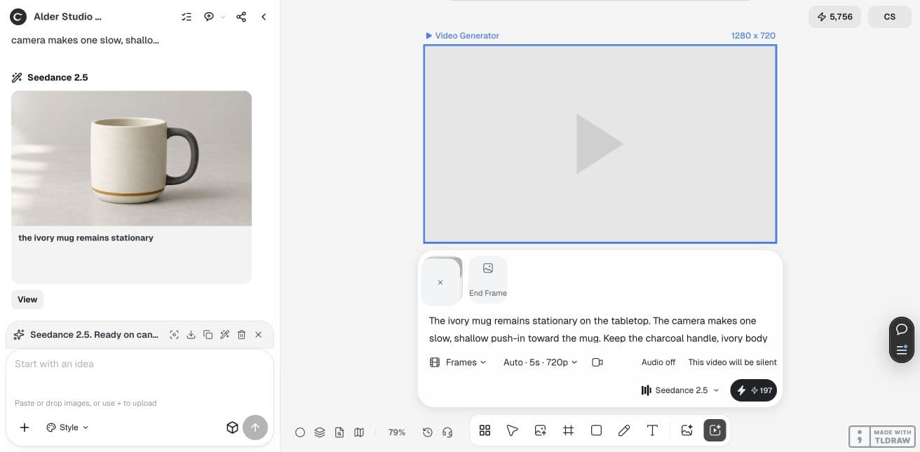 Ciyo 的 Video Generator 中,虛構馬克杯圖片已作為起始影格新增。