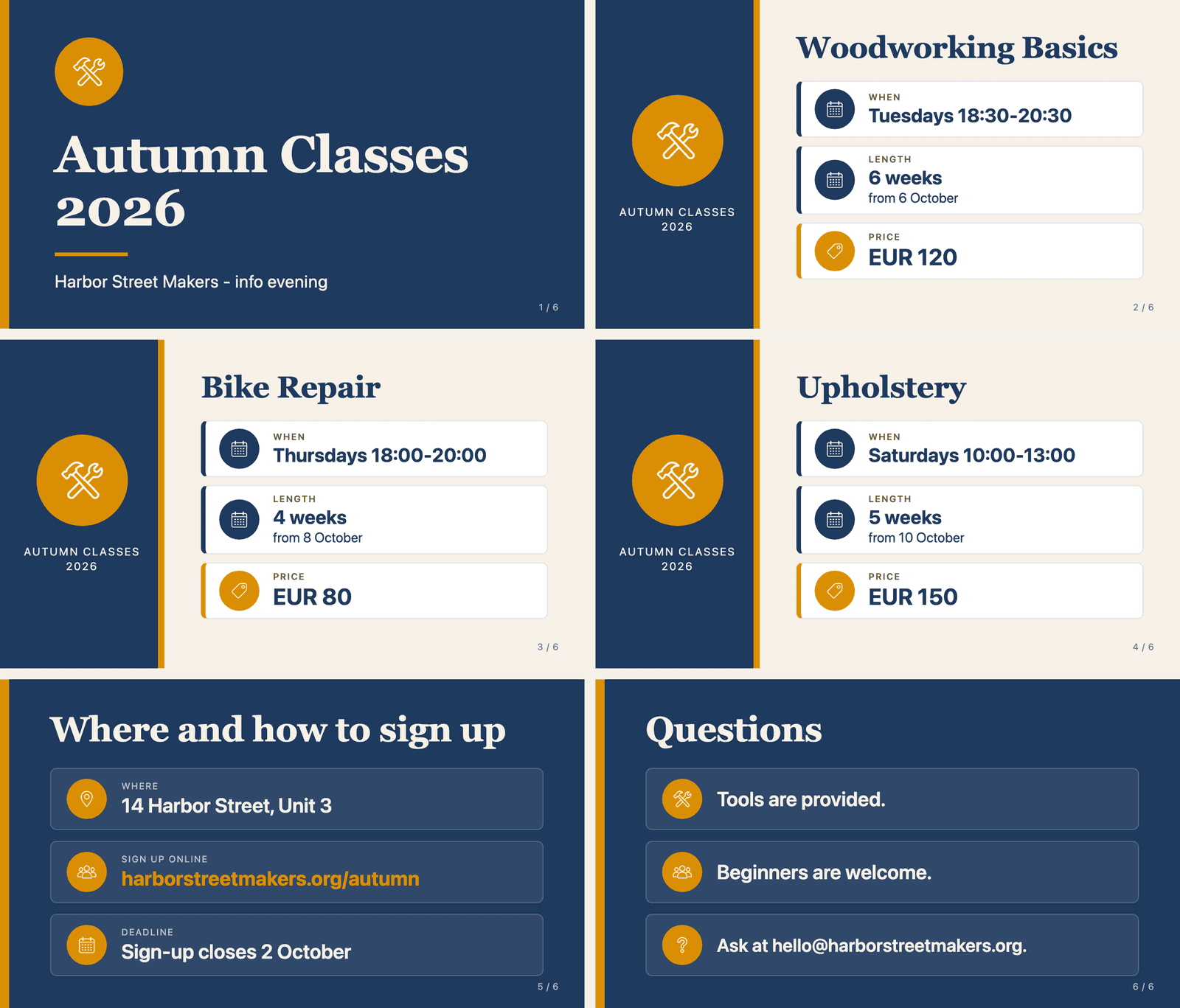 Six slides from Sonnet 5.5 in navy and off-white with amber circles: a title slide, three class slides with labelled rows, a sign-up slide and a questions slide
