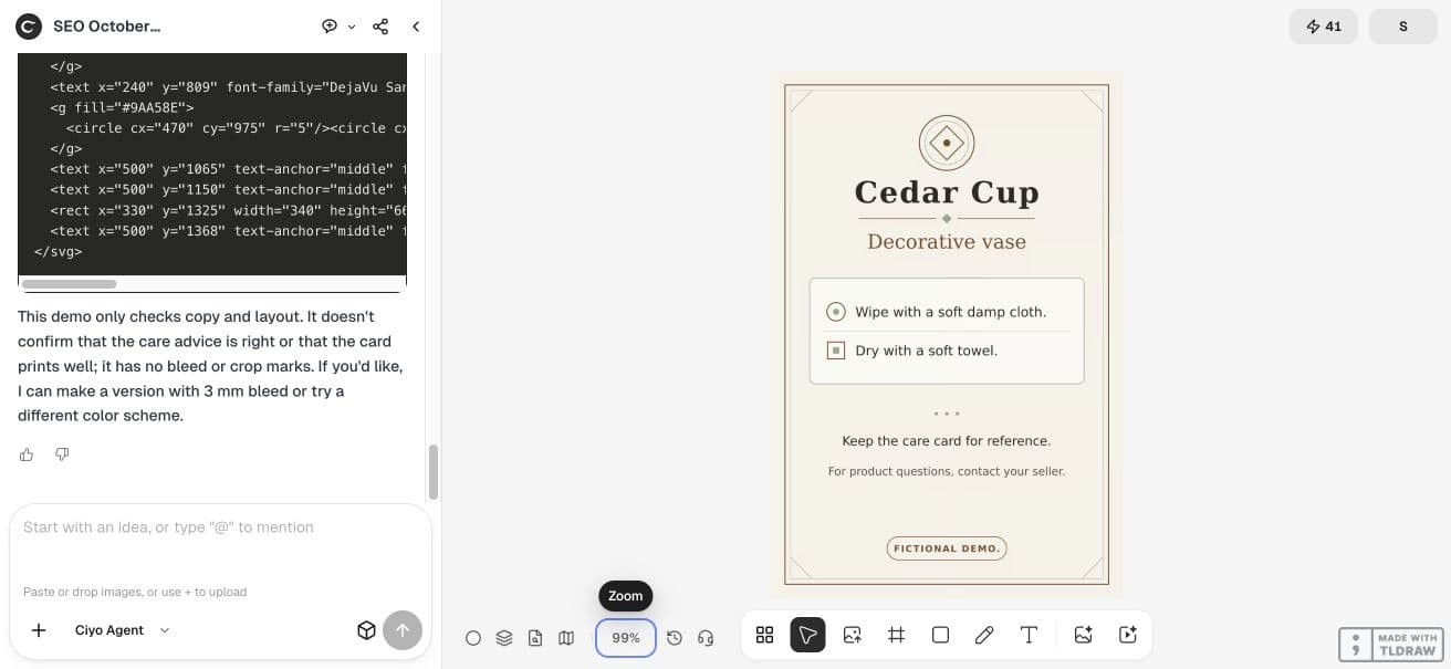 Full Ciyo canvas showing the fictional decorative-vase care card