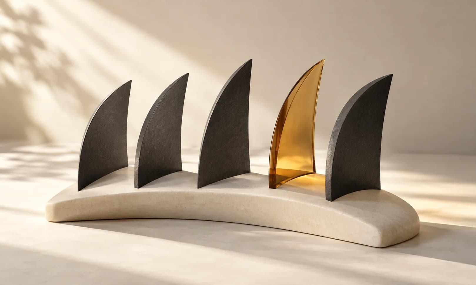 Five charcoal paper fins spaced rhythmically on a curved ivory base, one amber glass fin marking a pulse