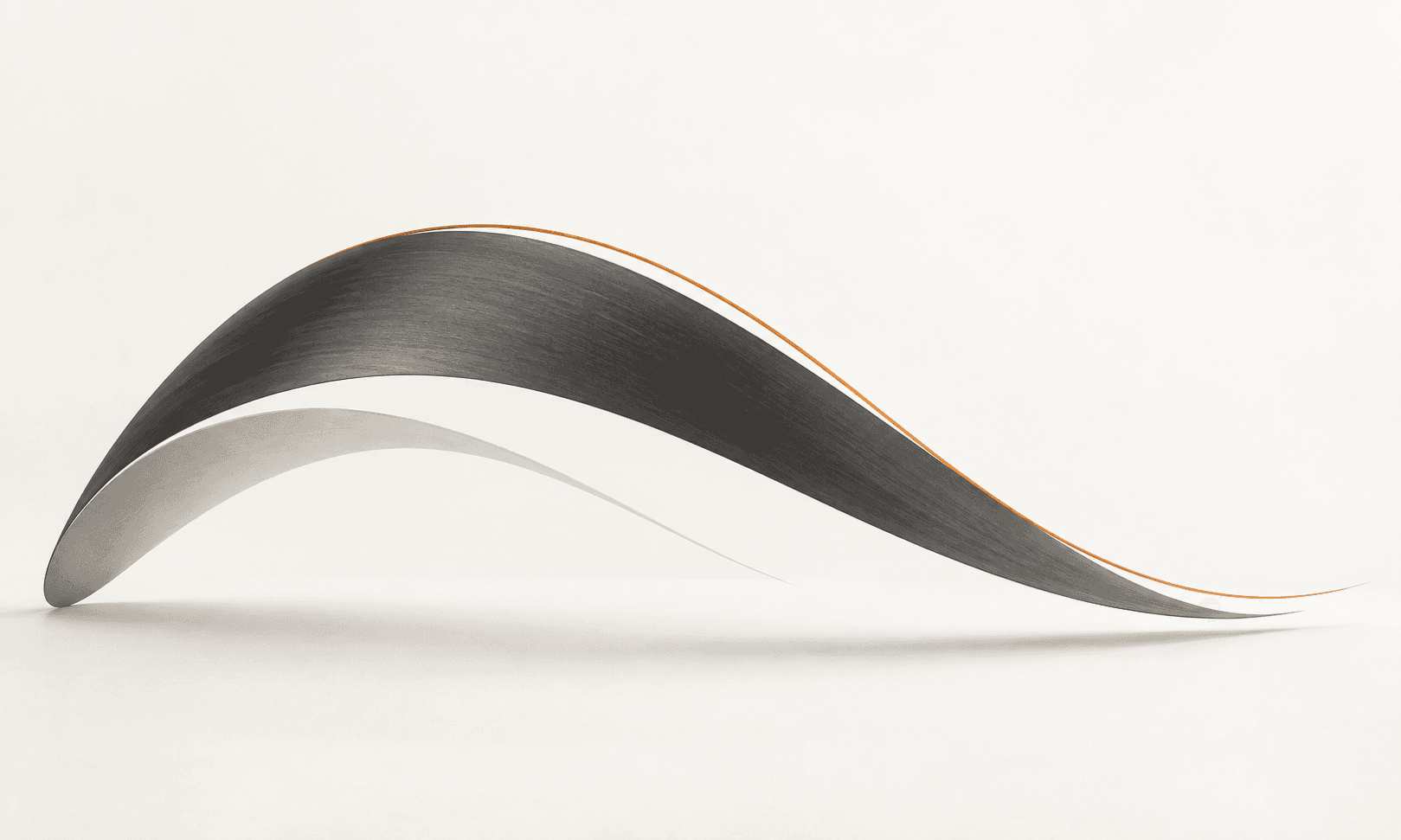 A graphite arc edged with a thin amber line floats above an ivory curve