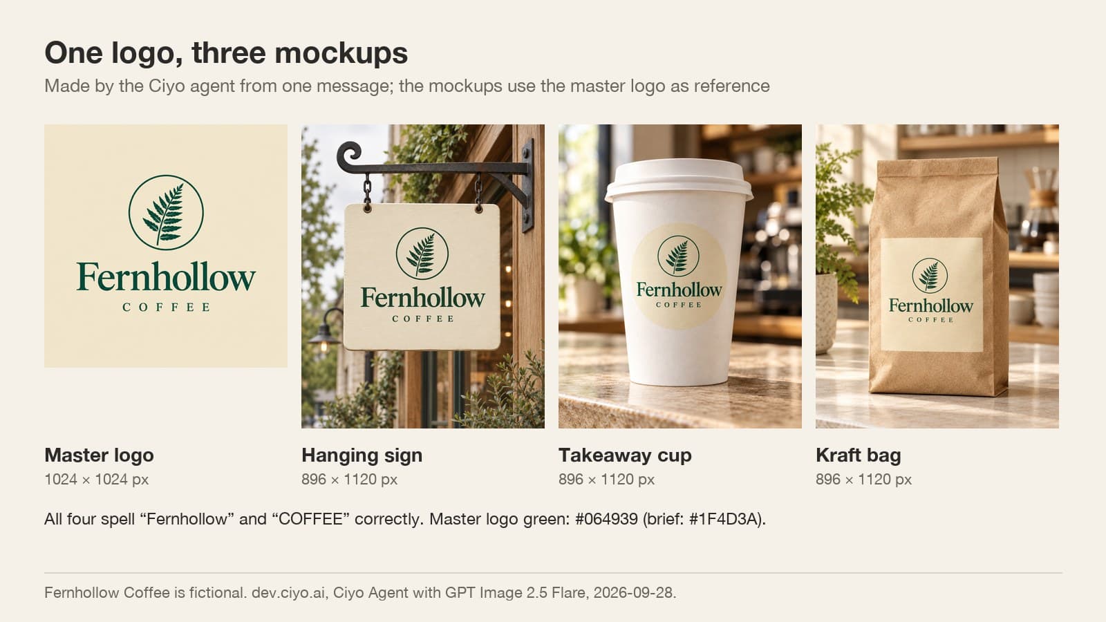 The master Fernhollow Coffee logo beside three mockups: a hanging wooden sign, a white takeaway cup and a kraft paper bag