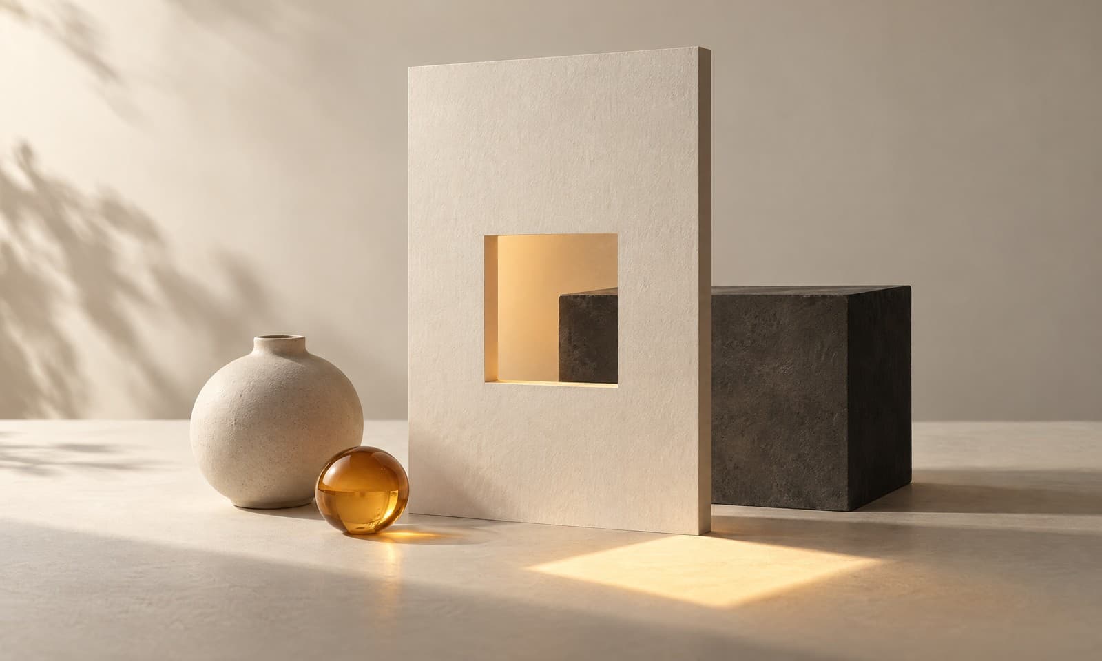 A tall ivory paper panel with a square window cut into it, a charcoal block behind it and a small amber sphere on the floor
