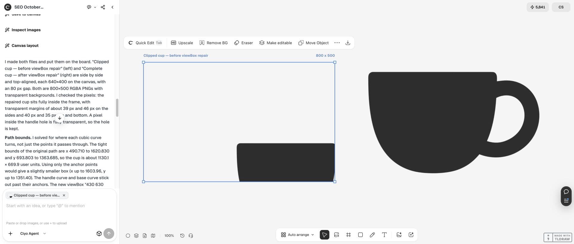 Full Ciyo canvas: Ciyo reports the curve bounds and keeps the clipped and corrected renders side by side for inspection.