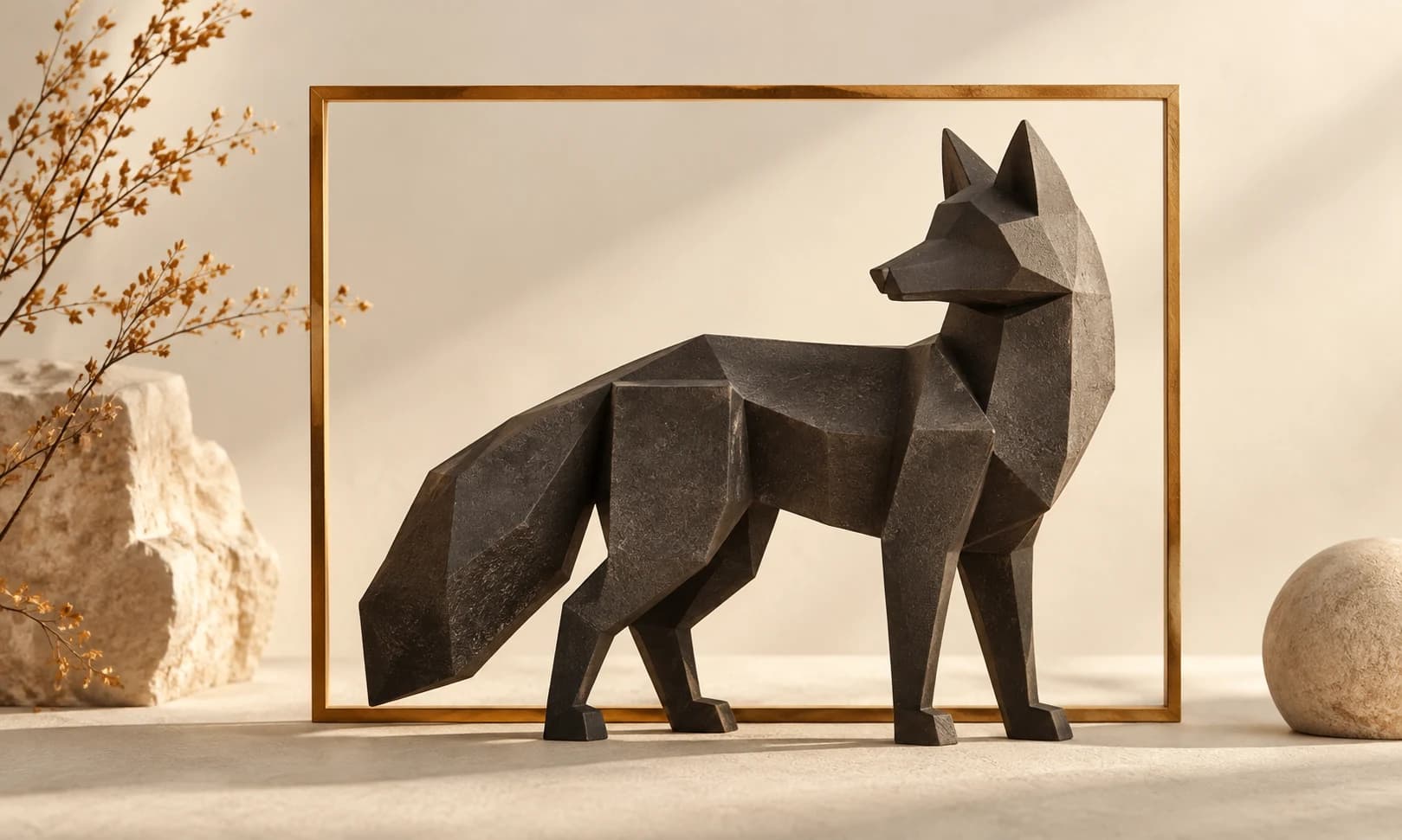 Charcoal fox sculpture inside an amber frame on ivory paper