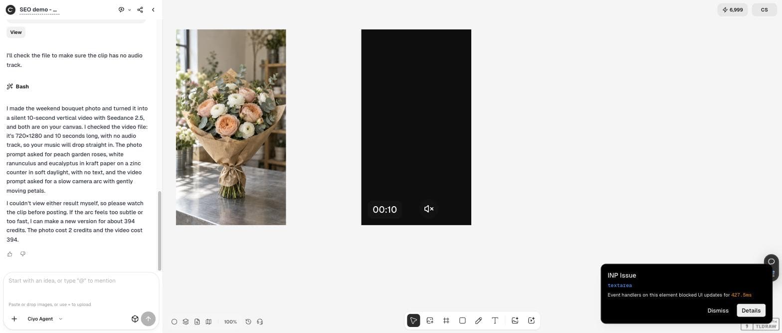 The Ciyo canvas with a bouquet photo of peach roses and white ranunculus in kraft paper and a 10-second silent video beside it