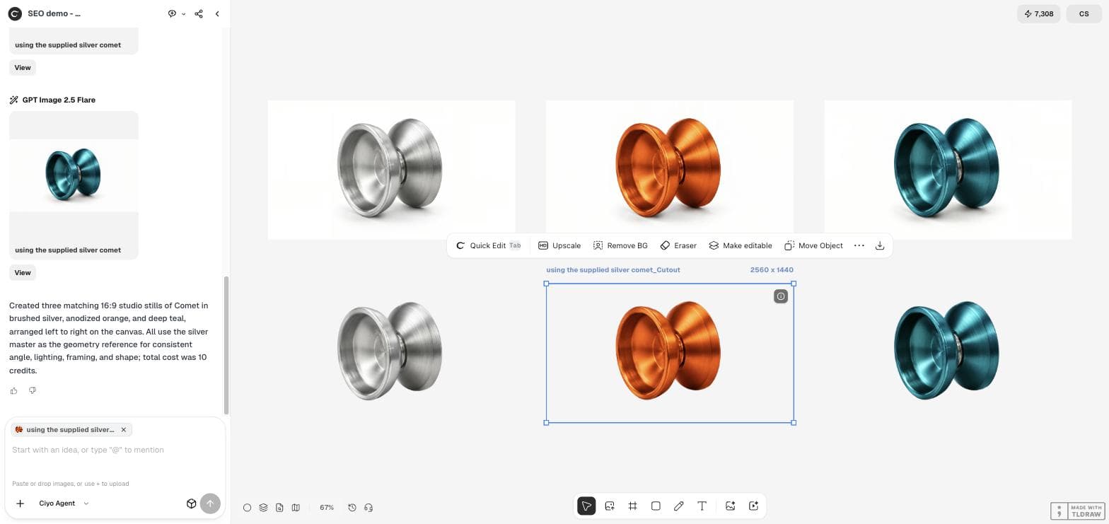 Ciyo canvas with the three Comet stills above and three transparent cut-outs below; the orange cut-out is selected and the toolbar shows Remove BG and the download button