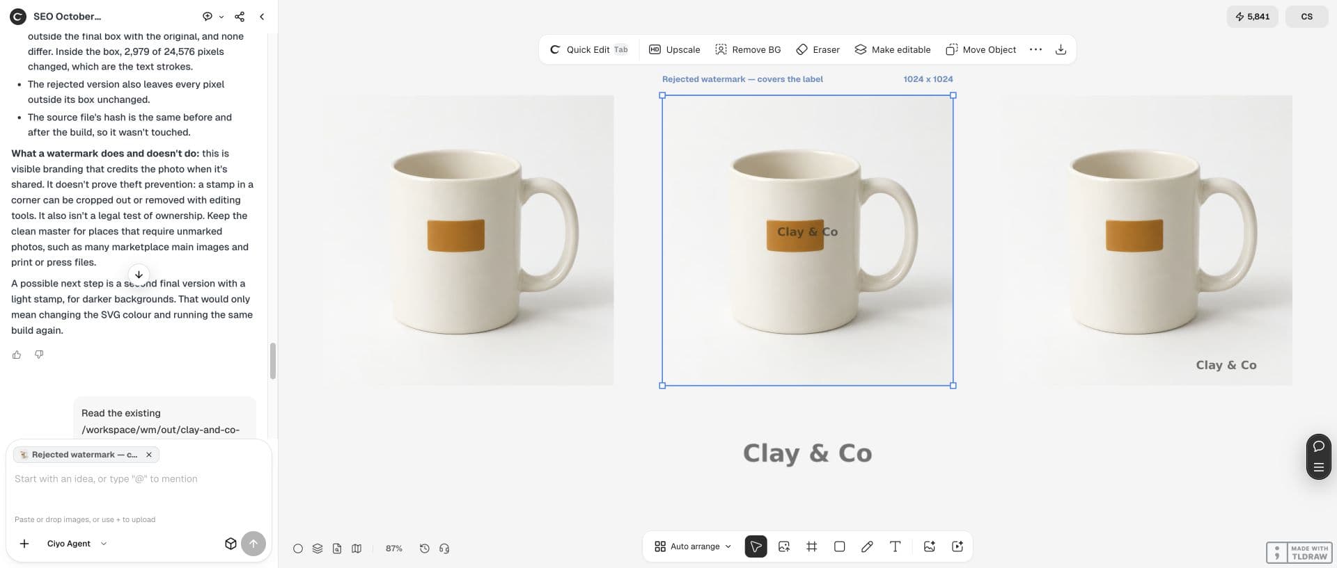 Full Ciyo canvas: The rejected watermark is selected in the middle; its lettering crosses the mug’s amber rectangle.