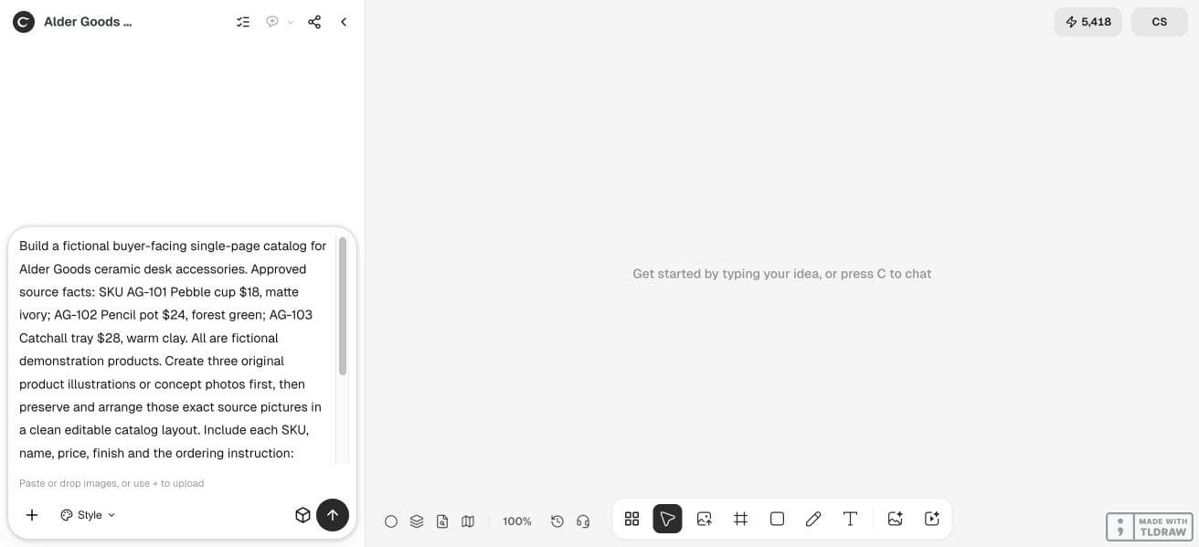 Full Ciyo viewport with the fictional Alder Goods catalog input brief
