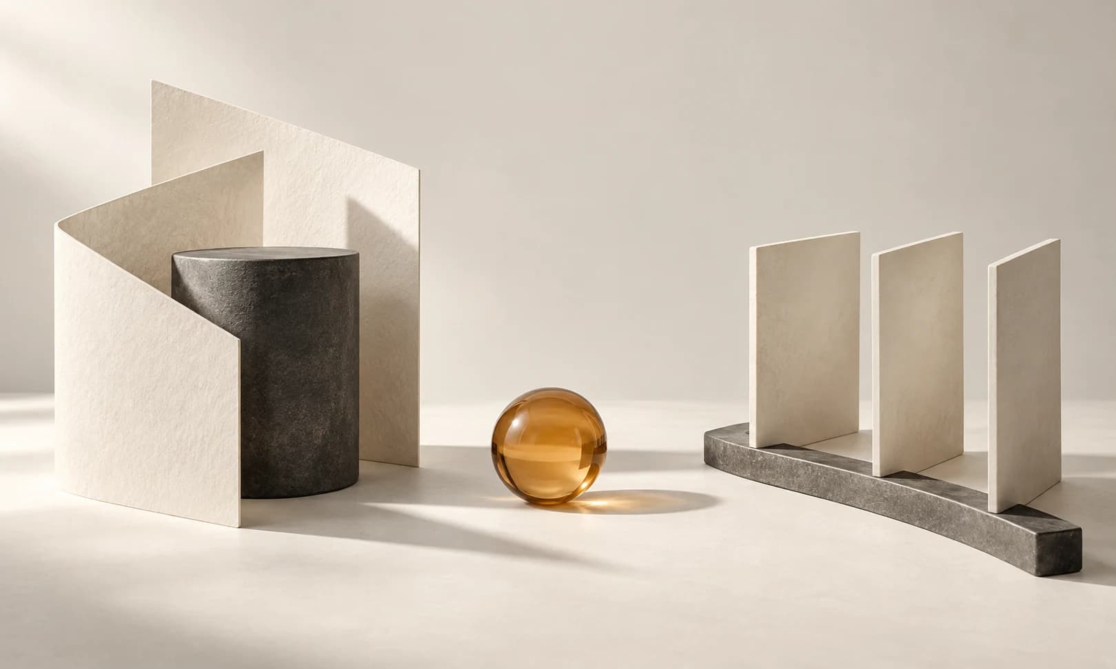 Ivory paper planes and evenly spaced ceramic panels show two ways to guide a visual sequence.