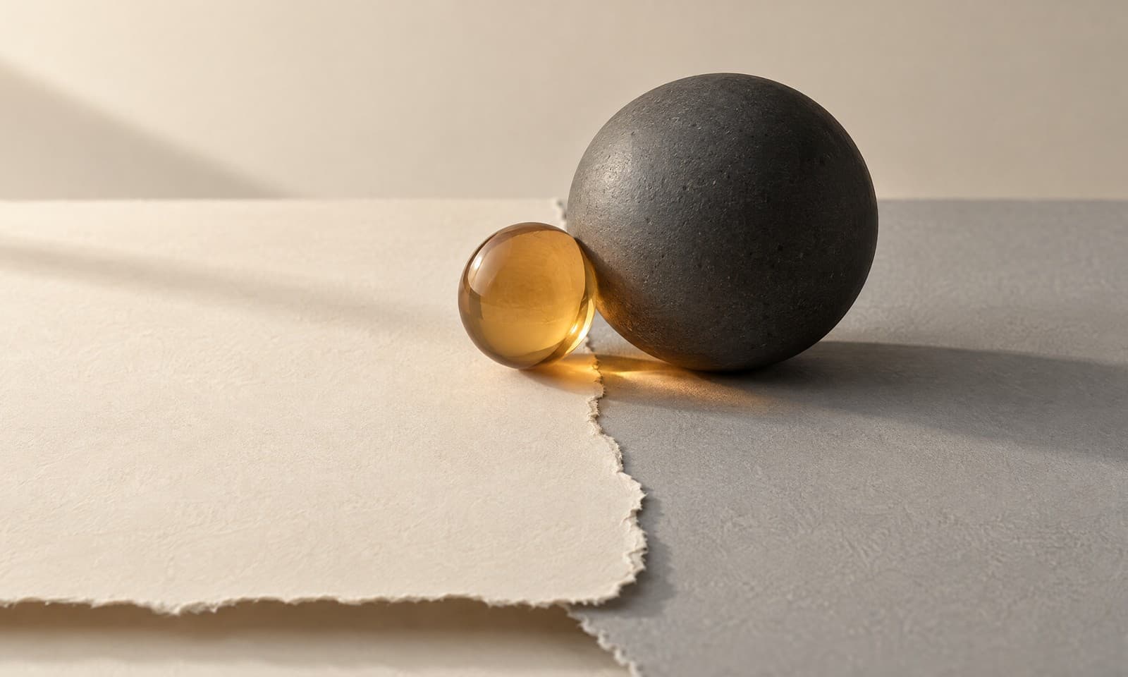 Torn edges of an ivory and a pale grey paper sheet meeting in a seam, with a charcoal ceramic sphere and an amber glass lens resting on the join