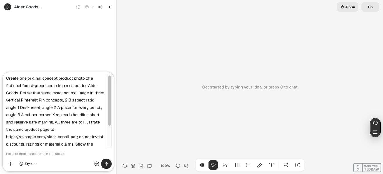 Full Ciyo viewport with the fictional Alder Goods Pin input brief
