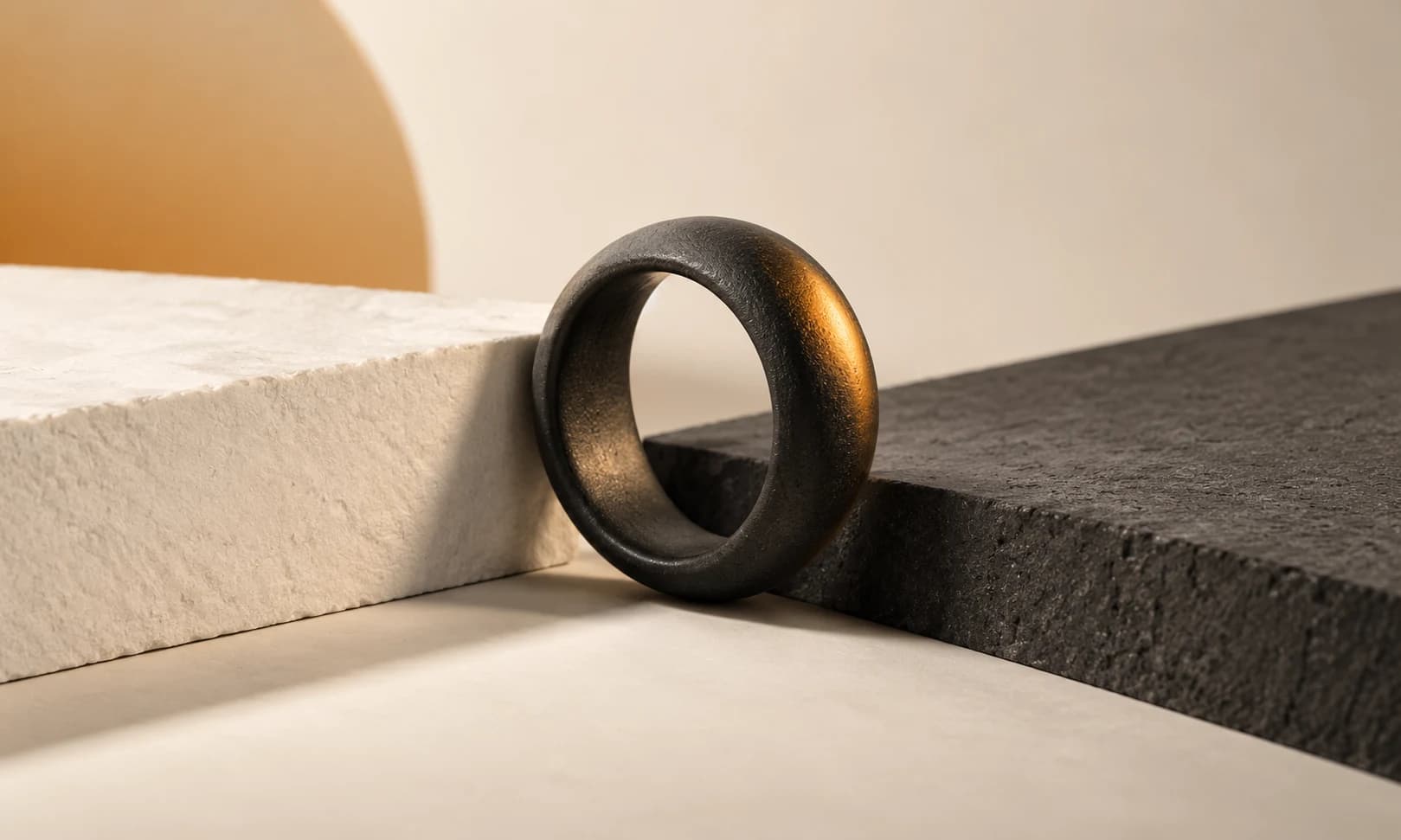 Charcoal and ivory ceramic arches with a small amber sphere between them