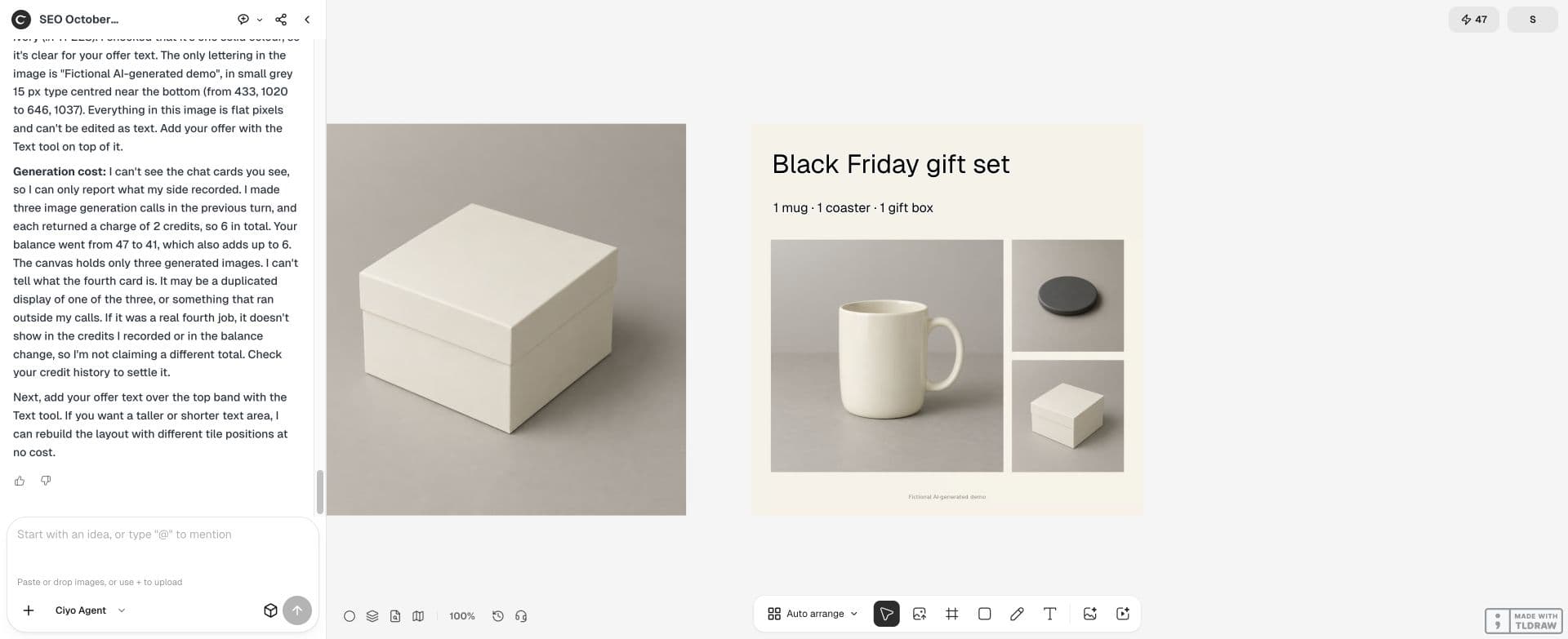 Full Ciyo canvas: The live layout shows exactly one of each item without inventing a shared photographic scene. No price, discount or product claim has been added; the small disclosure identifies the fictional demo.