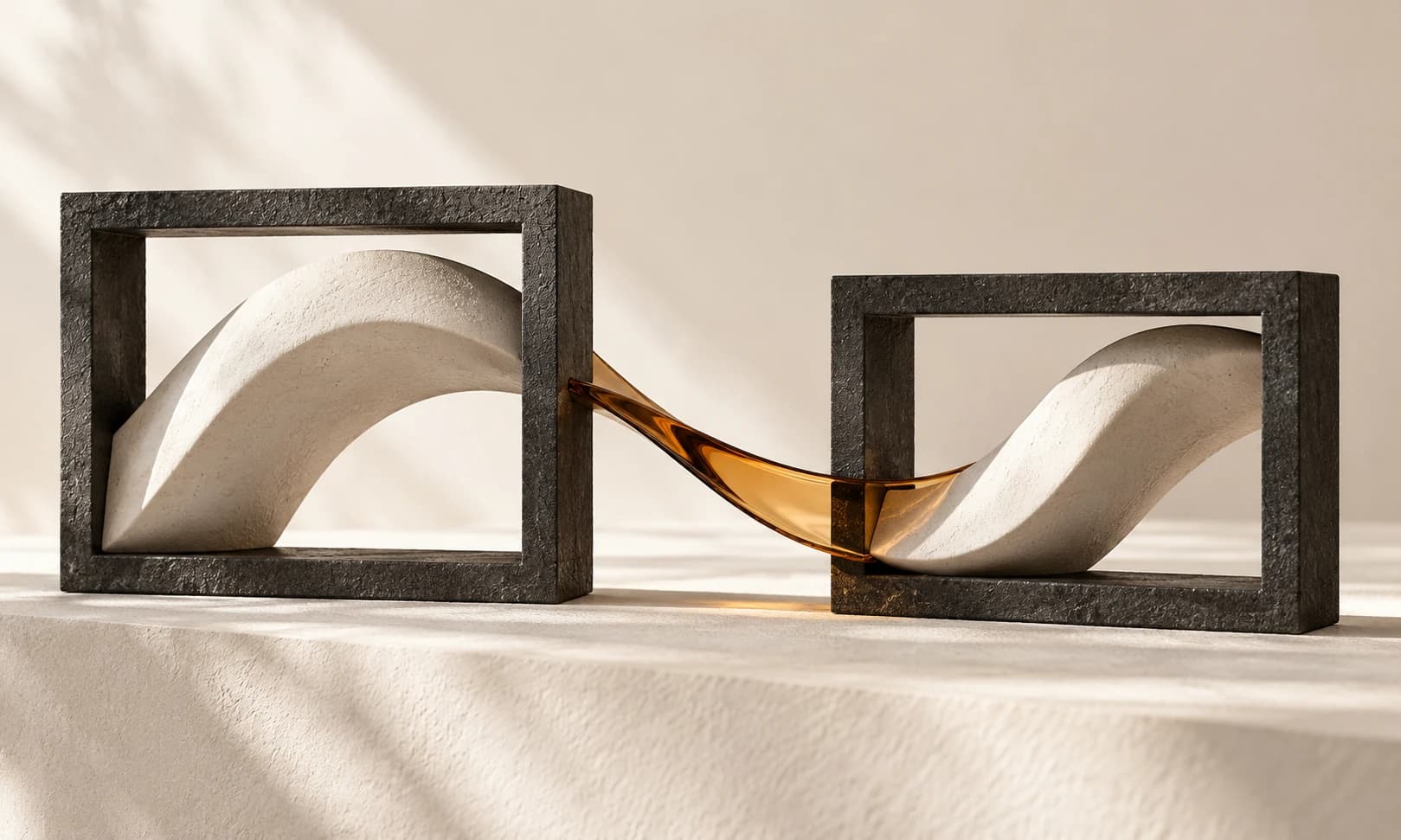 Connected ivory and charcoal forms suggest continuity between two messages.