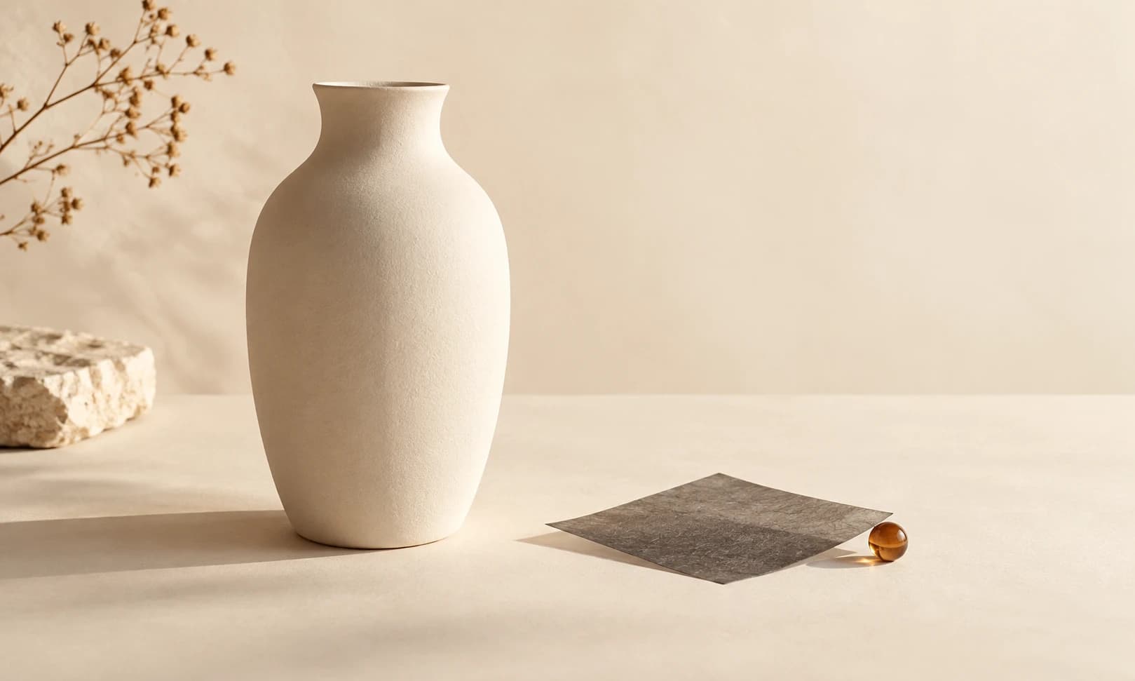 An ivory ceramic vessel beside a charcoal paper tile and an amber bead