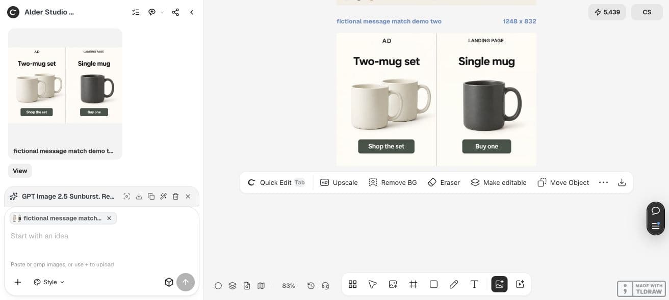 Ciyo displays two ivory mugs in an ad panel and one charcoal mug in a landing-page panel.
