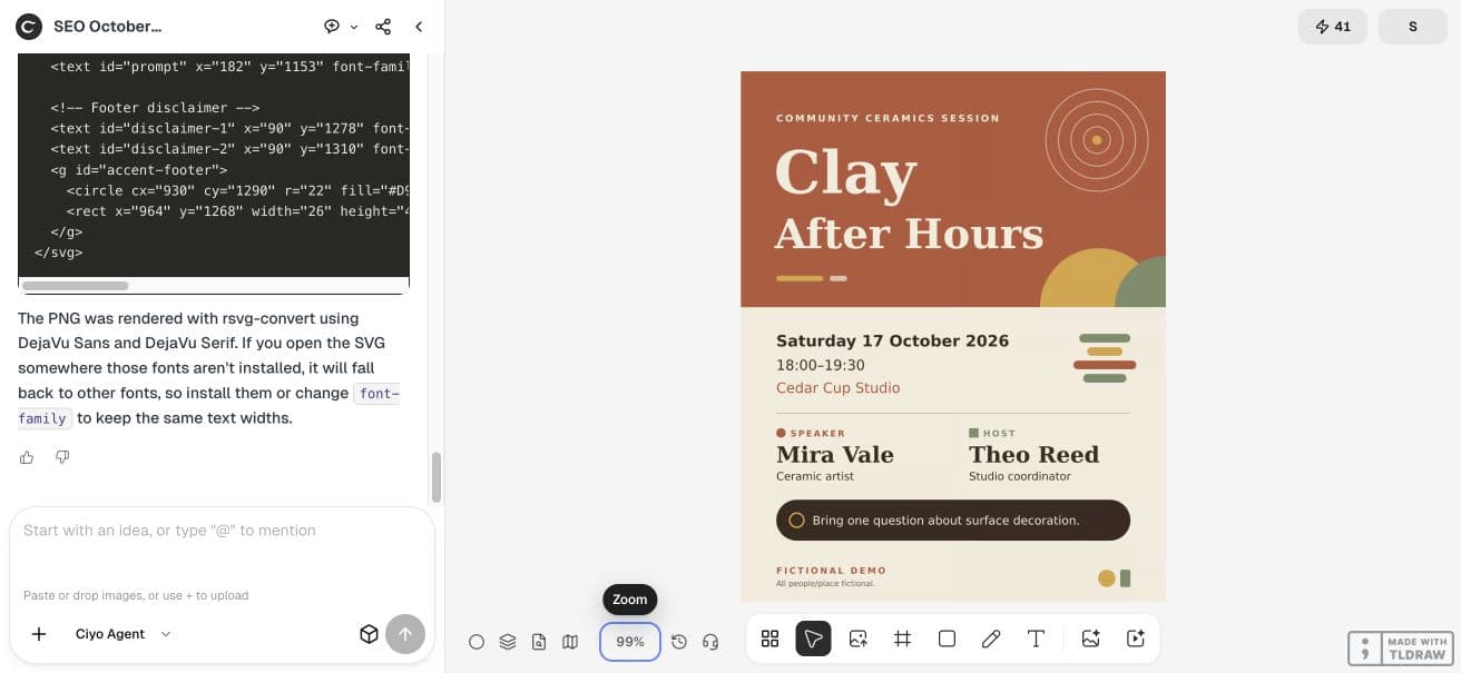 Full Ciyo canvas showing the fictional Clay After Hours speaker poster