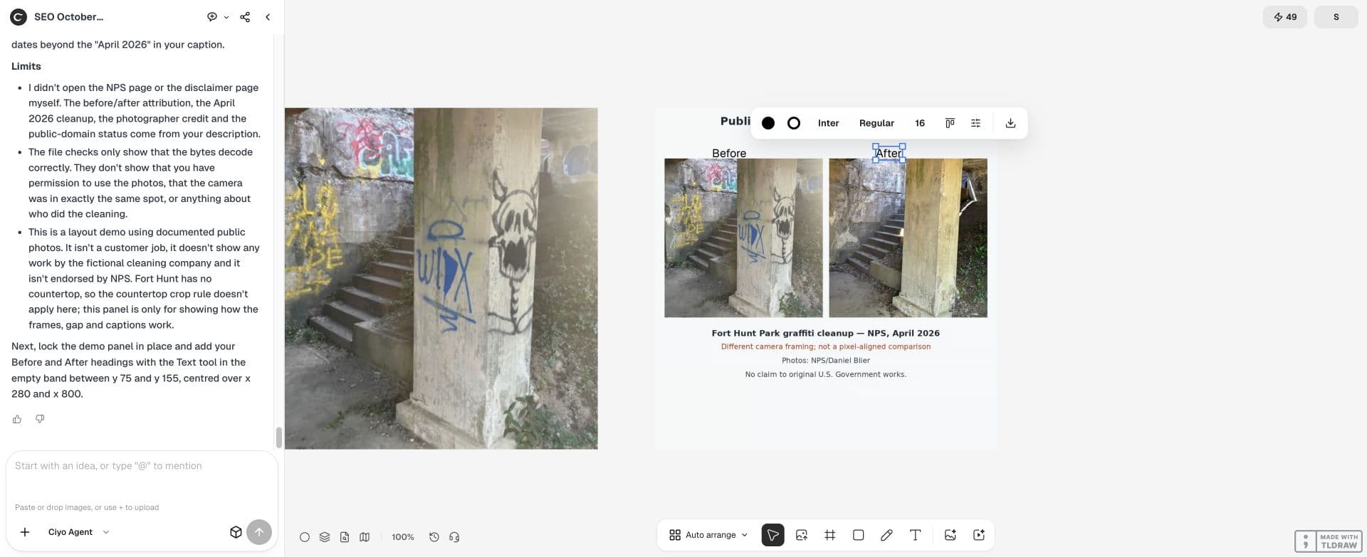 Full Ciyo canvas: Native After text selected in Ciyo, with the 16 pixel font control visible. Before and After remain separate editable labels above the photo composition.