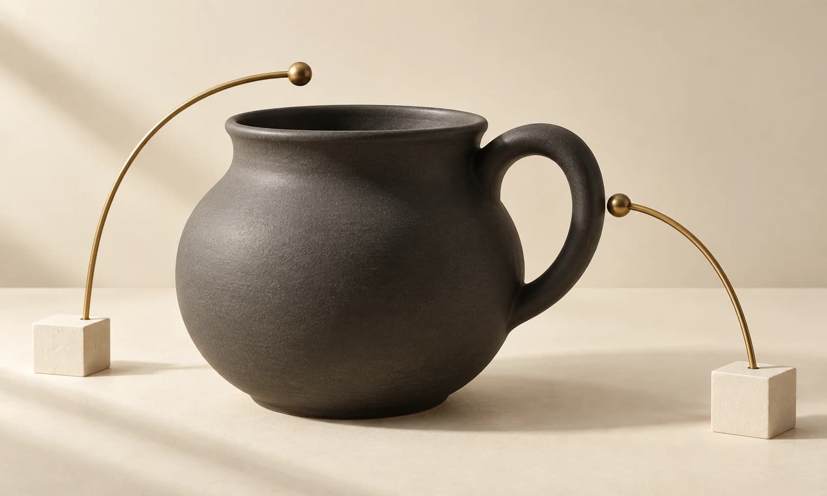 A charcoal ceramic vessel with amber rods pointing near its rim and handle