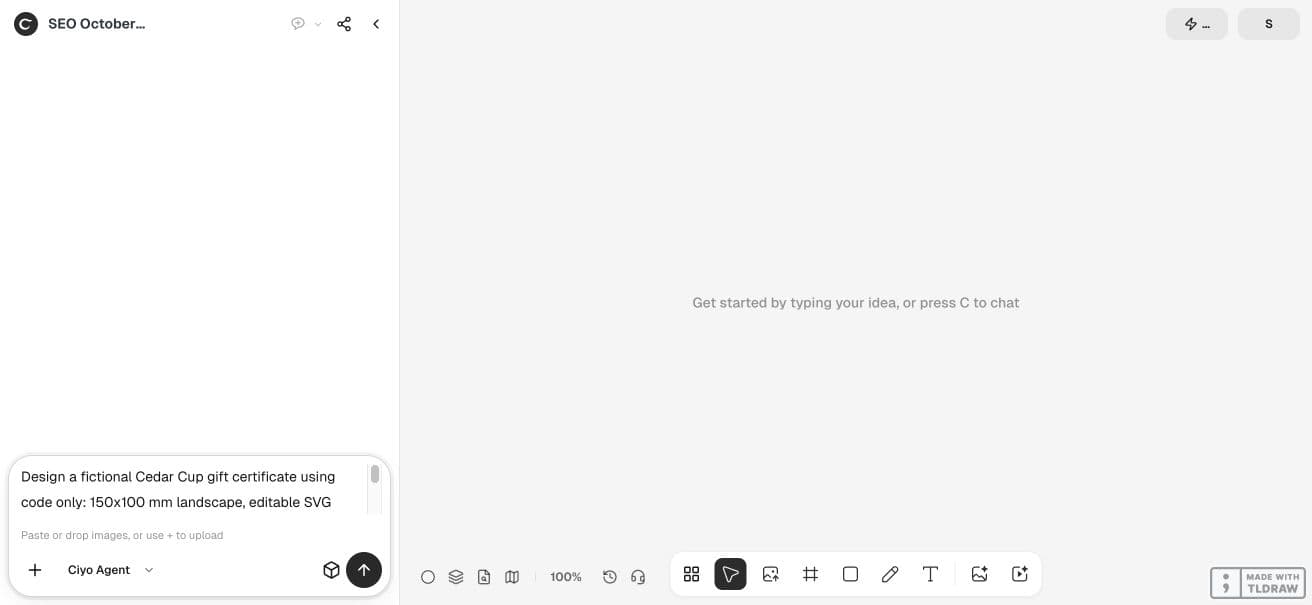 Full Ciyo viewport with the fictional certificate copy and dimensions