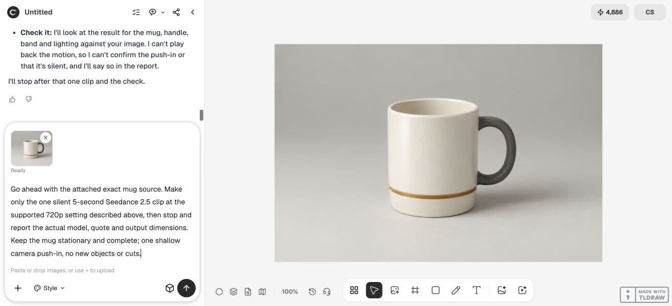 Ciyo shows the uploaded synthetic mug beside the five-second Seedance request.