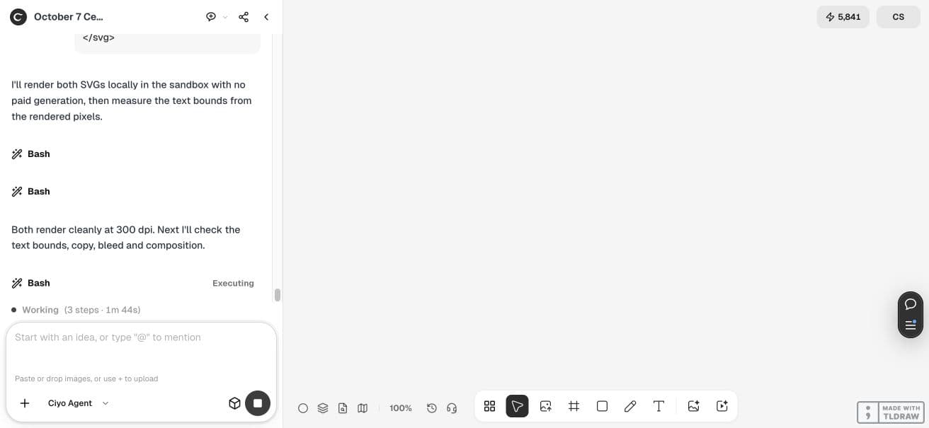 Vista completa de Ciyo mientras el agente renderiza los SVG y comprueba el texto, el sangrado y sus límites