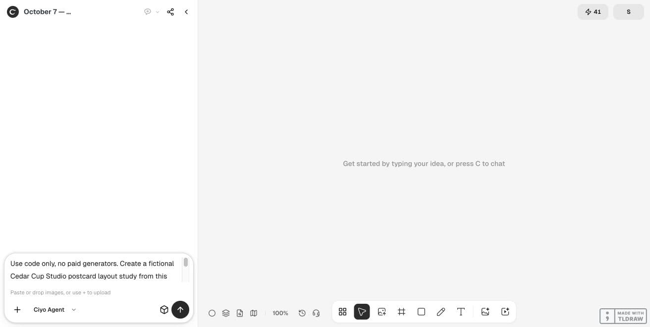 Vista completa de Ciyo con las especificaciones de la postal ficticia en el editor antes de ejecutarlas