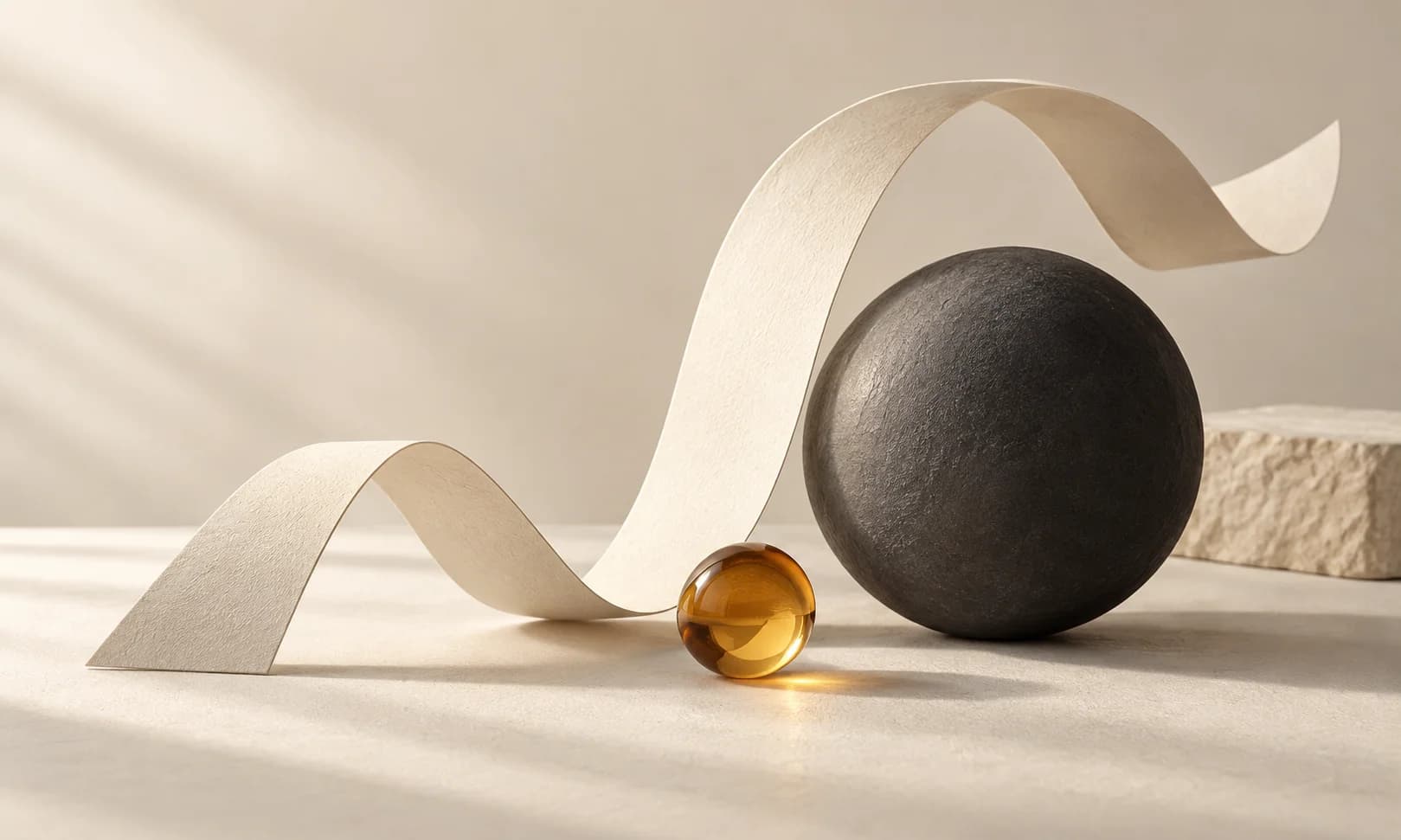 An ivory paper ribbon bending into a graceful S curve beside a charcoal sphere and one amber glass bead, the curve suggesting controlled acceleration