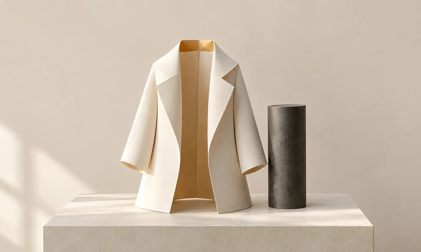 A hollow folded-paper coat beside a charcoal support reveals its amber inner collar.