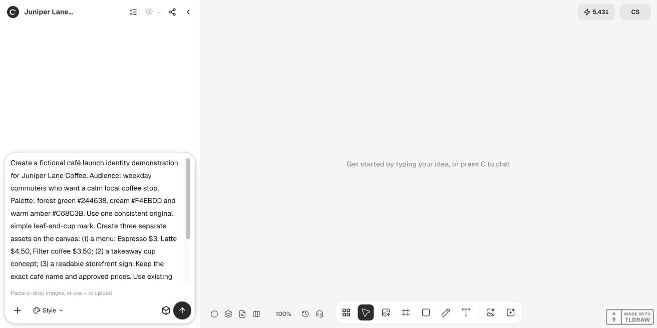 Full Ciyo viewport with the fictional Juniper Lane café input brief