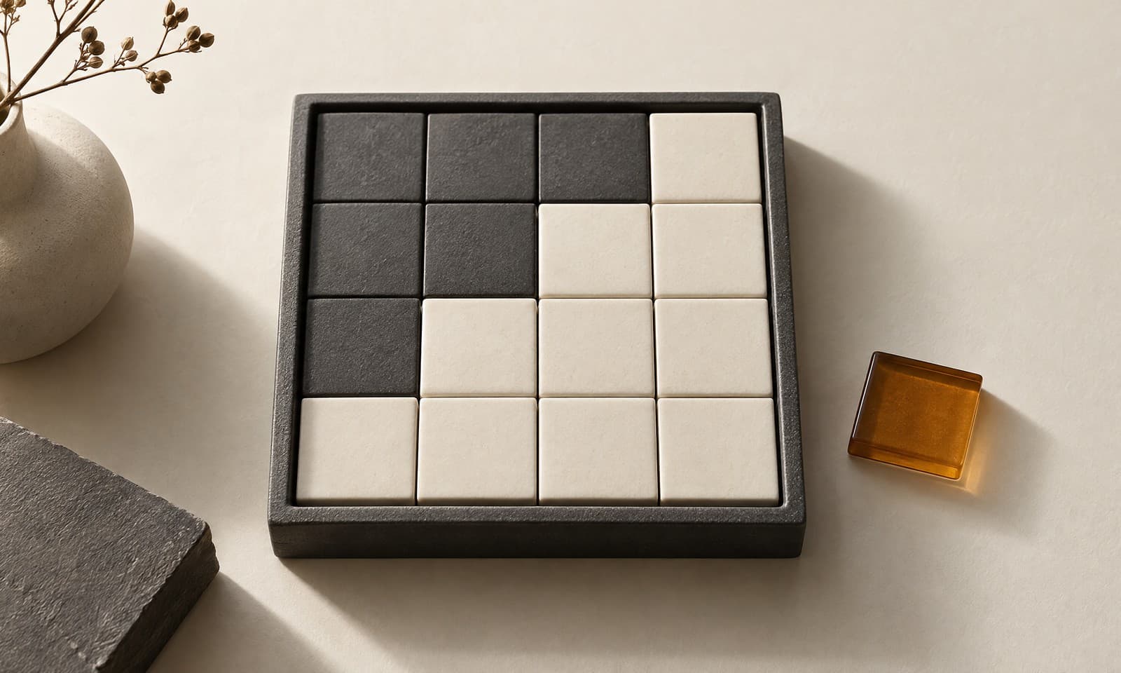 A square tray of charcoal and ivory ceramic tiles forming a continuous stepped pattern, with one loose amber tile beside it