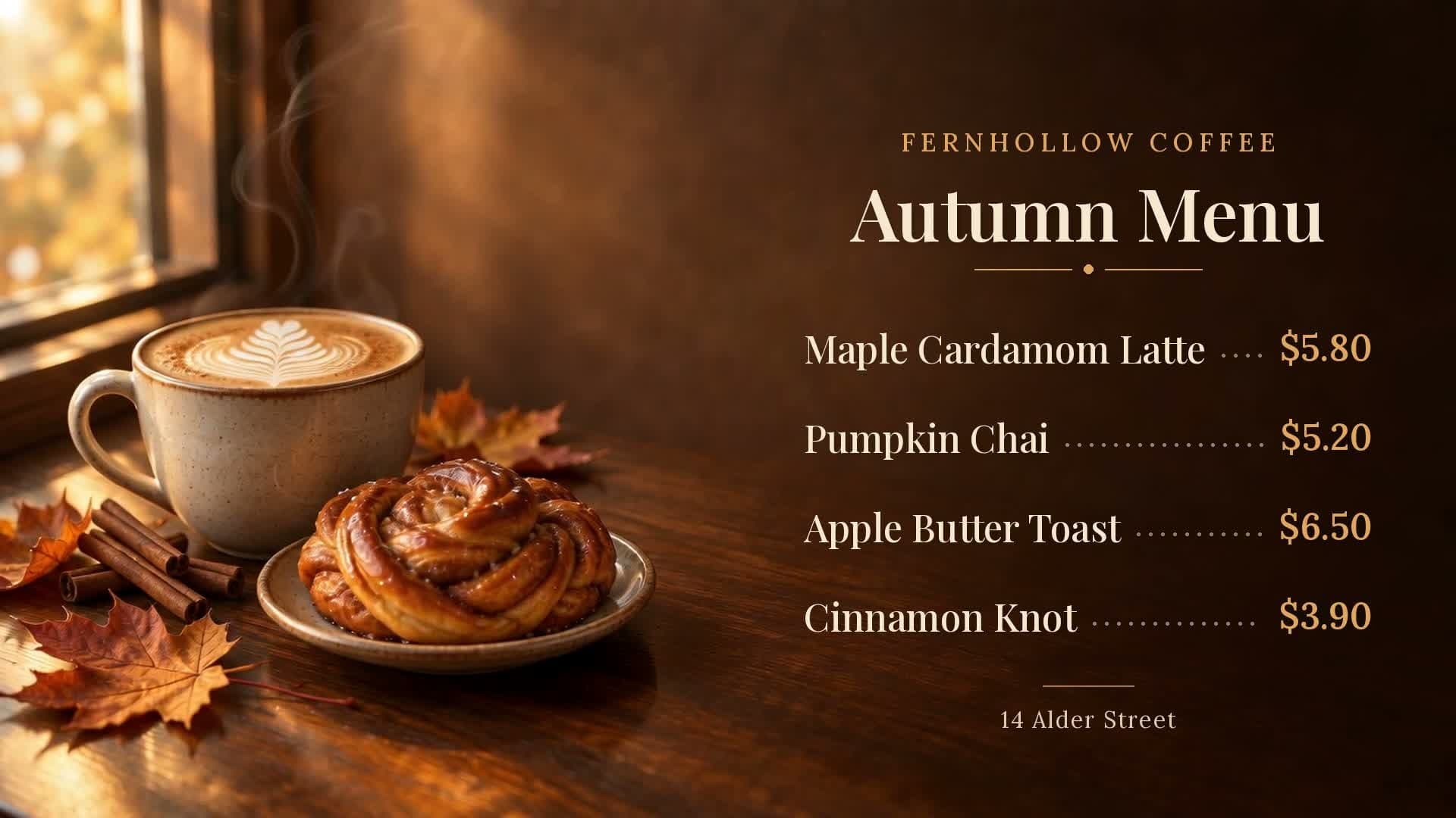A frame from the finished menu video: a latte with steam and a cinnamon knot on a wooden table by a window on the left, and the Fernhollow Coffee autumn menu with four items and prices on the right